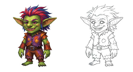 Fototapeta premium Digital Fantasy Goblin Character: A vibrant digital illustration featuring a whimsical green goblin character with spiky hair, mischievous grin, and vibrant attire.