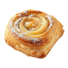 delicious pastry. characterized by its golden-brown. flaky layers and a spiral design it appears to be dusted with powdered sugar. enhancing its sweet appeal this treat is often enjoyed as a snack or