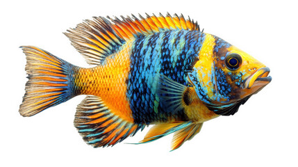 vibrant and colorful fish. showcasing striking patterns of blue. orange. and yellow on its scales the fish is depicted in a side profile against a white background. emphasizing its vivid colors and in