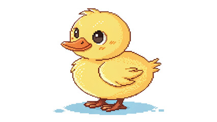 Fototapeta premium Cute Pixel Art Yellow Duckling Standing On Water With Big Eyes And Orange Beak In Chubby Style