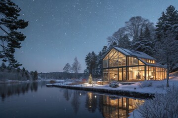Fototapeta premium Cozy Modern Glass Cabin by the Lake at Night During Winter with Starry Sky