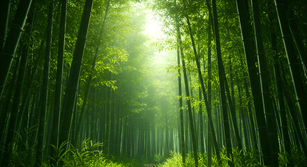 Obraz premium Lush Green Bamboo Forest In Morning Light