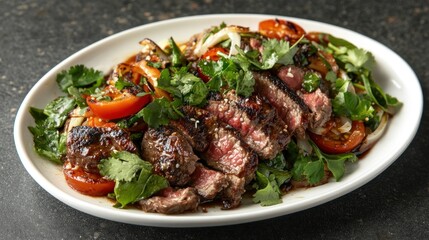 Fototapeta premium Sliced steak salad, Asian style, dark background, food photography
