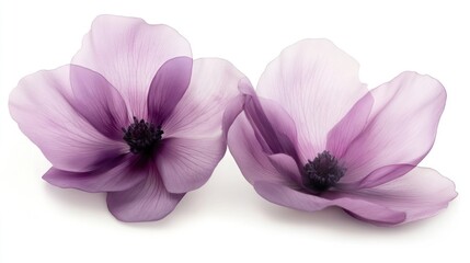 Fototapeta premium Two purple anemones, close-up, white background, floral design