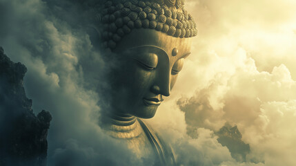 giant buddha statue head above clouds – Budhha Purnima, symbolic image for Vesak Day, Asalha Puja, Magha Puja, meditation posters, or spiritual greeting cards