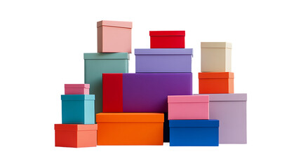 Obraz premium Colorful gift boxes stacked decorative storage container cardboard paperboard packaging present assortment isolated on a transparent background.