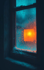 Fototapeta premium frosted window glowing with warm indoor light – ideal for winter-themed design, holiday cards, or cozy interior atmosphere concepts 