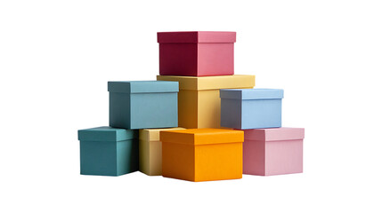 Obraz premium Colorful gift boxes stacked presents and storage solutions concept design isolated on a transparent background.