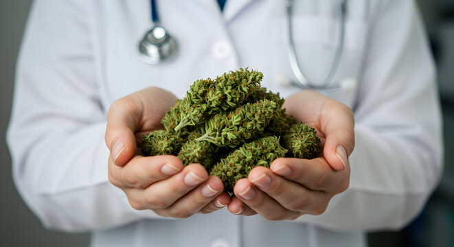 Doctor Holds Pile of Green Marijuana Nugs Wearing White Coat and Stethoscope Offering Natural Medical Herb Treatment
