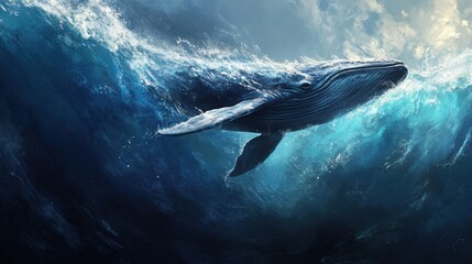 Fototapeta premium A whale jumps out of the deep blue sea, body arching gracefully, realistic spray and textured skin under natural daylight