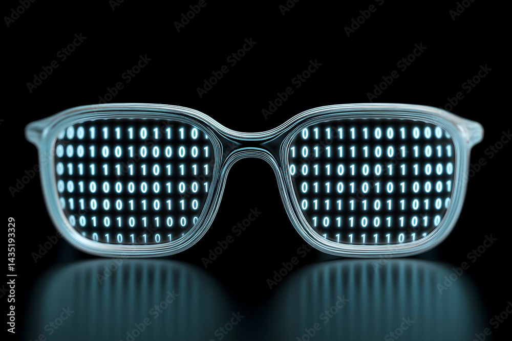 Aufkleber futuristic glasses display binary code, symbolizing technology and digital transformation.