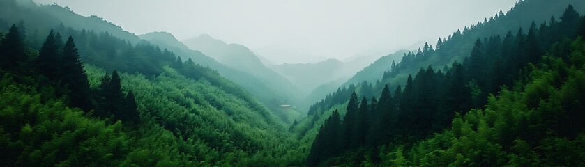 Obraz premium Verdant valley view with misty mountains, dense forest, small house, for travel