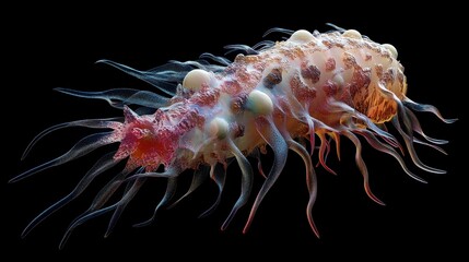 Obraz premium Isolated close-up of a bacterium with detailed flagella and 3D textures, bacteria, cellular microbiology. 