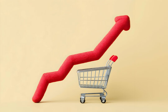 A red upward arrow symbolizes growth beside a shopping cart, representing market trends and consumer spending in a minimalistic design.