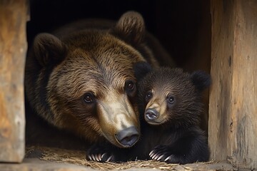 Obraz premium Bear mother cuddling her cub in a wooden den. Affectionate wildlife scene for conservation
