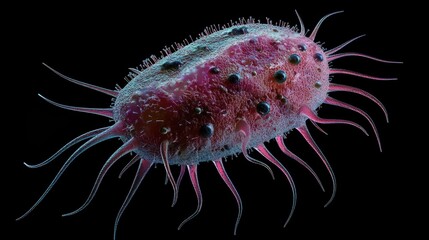 Isolated close-up of a bacterium with detailed flagella and 3D textures, bacteria, cellular microbiology. 