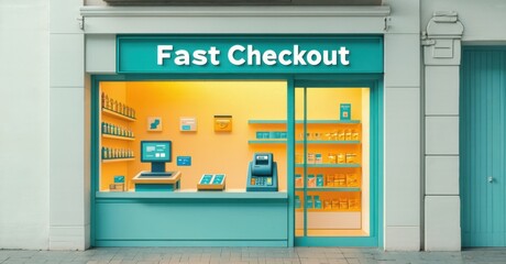 Storefront displays fast checkout area. Shelves stocked with products. Bright interior, inviting atmosphere. Clean design, modern aesthetic.