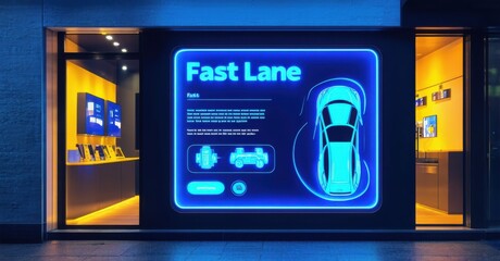 Bright storefront displays Fast Lane signage. Interior shows vehicle options, illuminated shelves. Modern design, inviting atmosphere.