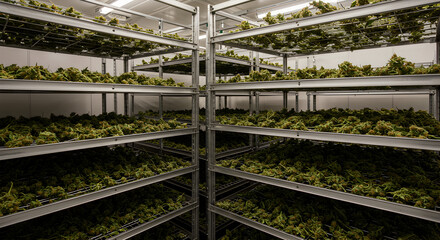 Indoor Vertical Farm with Rows of Green Leafy Vegetables on Shelves in Controlled Environment