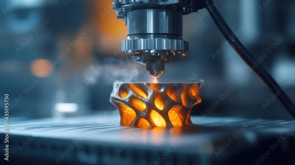Poster 3D printing process in action.  A metal object is being created with a high-tech machine.  Intricate design, glowing hot material, and smoke are visible