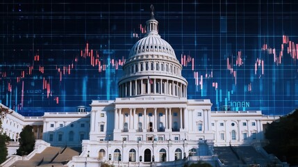 Digital art illustration of the U.S. Capitol building with dynamic stock market charts overlay, vibrant blue and orange color scheme, abstract geometric design, high resolution detailed render, govern