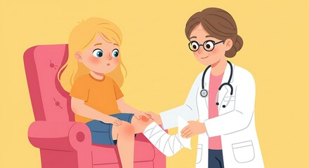 Obraz premium Doctor Treating Injured Child - Cartoon Illustration