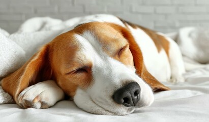 Adorable Beagle Sleeping on a Bed