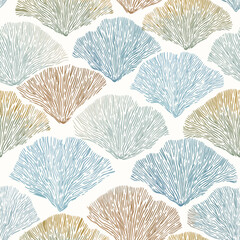 Vintage Style Elegant Floral Art Deco Seamless Fan vector Pattern in Blue Color - Texture Featuring Shells and Marine Elements © zenina