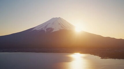 Majestic snow-capped mountain sunrise over calm lake