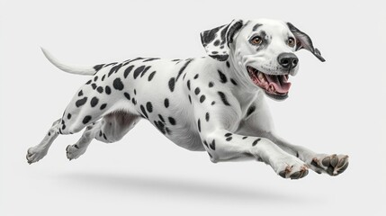 Dalmatian dog in mid-air run.  Happy, playful, spotted