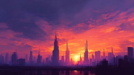 Obraz premium Futuristic City Sunset Skyline Illustration