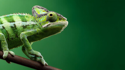 Fototapeta premium Close-up of a vibrant green chameleon perched on a branch against a soft green background
