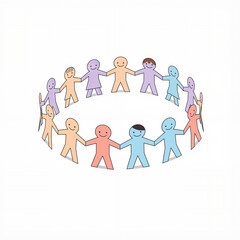 Diverse animated figures holding hands in unity against a light background,  in a vector style   
