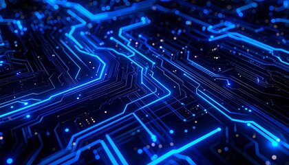 Obraz premium A mesmerizing digital circuit board design with neon blue pathways glowing against a deep matte black background.