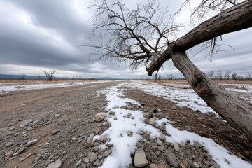 A desolate landscape showing a stark scene with a solitary tree, patches of snow, and rocky ground, evoking feelings of isolation and the beauty of nature's resilience.