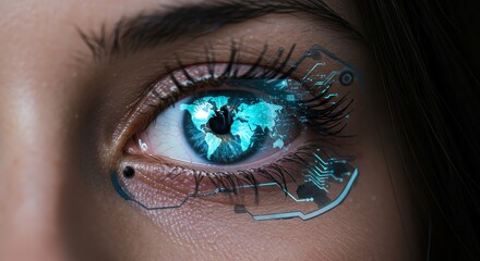 Eye with World Map Reflection and Futuristic Tech Overlay