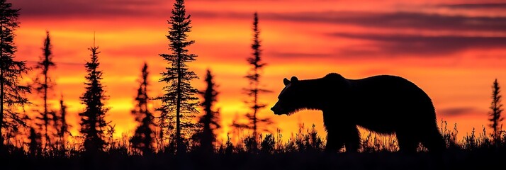 Bear silhouette walking by evergreen trees at sunset for wildlife presentation