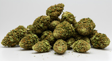 Obraz premium Pile of Cannabis Buds in Green and Orange Tones on White Background