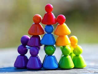 Obraz premium Vibrant pyramid of colorful wooden figures symbolizing teamwork unity and collaboration on a sunny day with a blurred natural background creating a sense of harmony