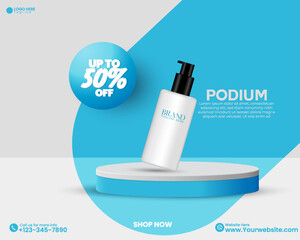 Empty social media product sale podium background design template. Blue color abstract 3D podium design vector. Realistic 3D promotional product sale podium design template. 