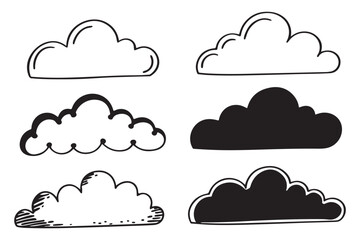 Cloud Silhouette Vector Set , Hand-Drawn Cloud Illustrations, Black and White Weather Icons