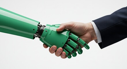 Two business a green robot and a man in suits, seal a successful partnership with a firm handshake, a sign of agreement and effective business communication