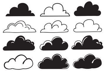 Cloud Silhouette Vector Set , Hand-Drawn Cloud Illustrations, Black and White Weather Icons