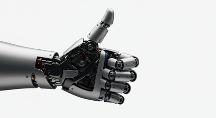 Isolated 3d robotic arm of futuristic technology with thumb up gesture sign on white background
