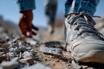 An image depicting a cautious hand reaching out towards a snake on a gravel path, illustrating the tension between nature and human curiosity in an outdoor environment.