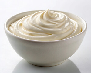 Bowl of creamy smooth white mayonnaise swirl isolated on white background, delicious condiment texture for food and cooking use