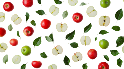 Apple background red green fruit slices leaves pattern wallpaper healthy eating food photography isolated on a transparent background.