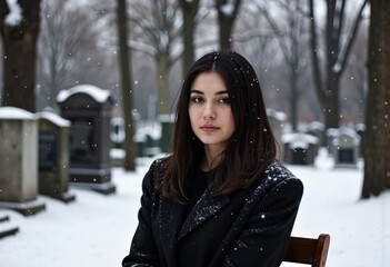 Young woman sitting thoughtfully in a snowy cemetery  