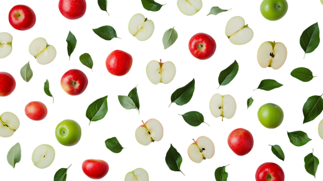 Apple background red green fruit slices leaves pattern wallpaper healthy eating food photography isolated on a transparent background.