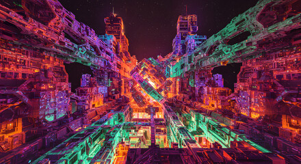 Obraz premium Abstract digital painting of a vibrant, futuristic cityscape. Intricate, glowing structures in orange, purple, and green hues dominate the composition, creating a sense of depth and complexity. 